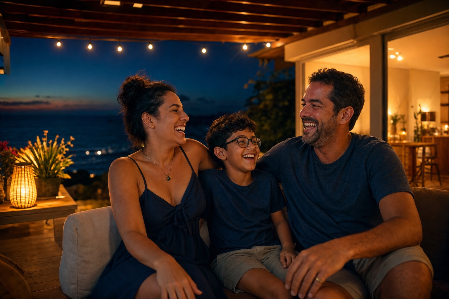 Família rindo junta numa varanda ao entardecer