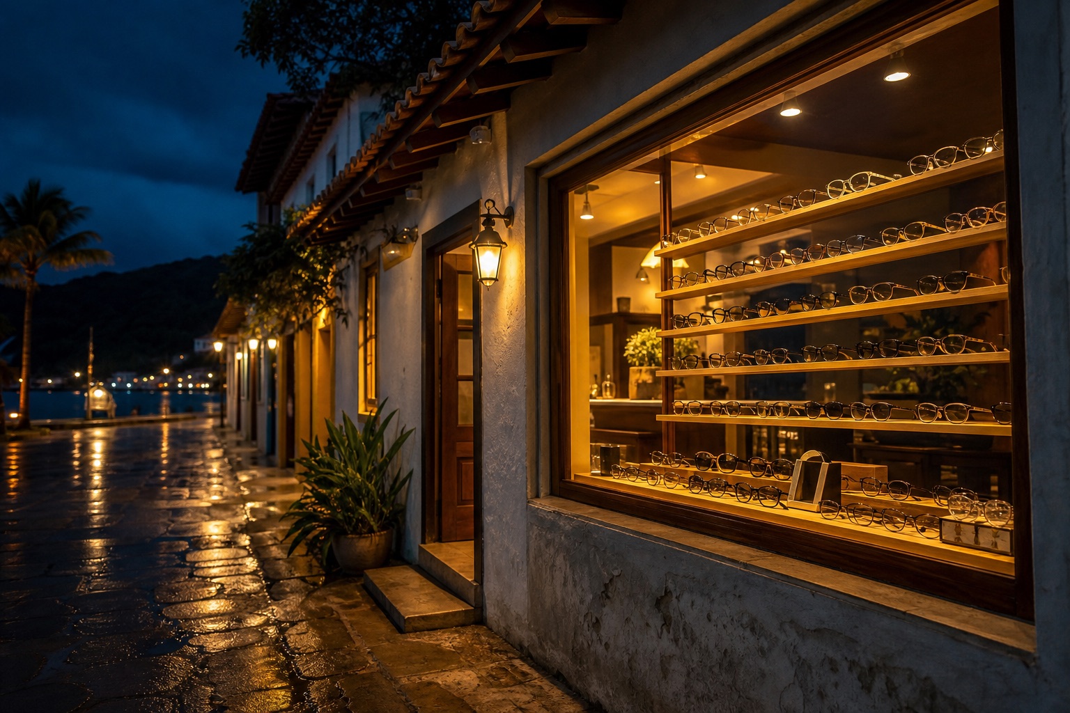 Fachada da loja Oliver à noite com vitrine iluminada